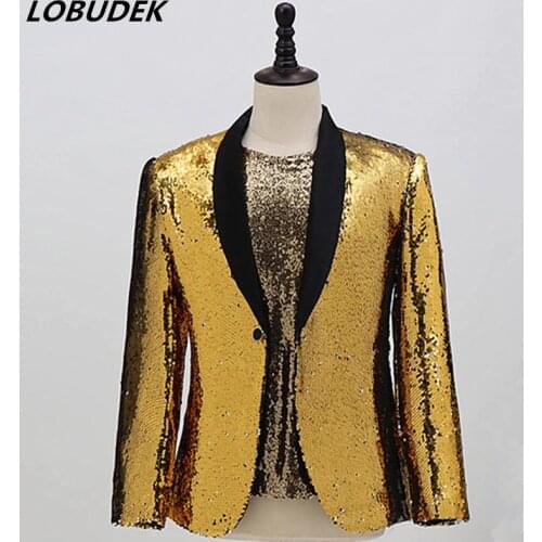 Bar Night Club Male Singer Shiny Gold Sequins Suit Jackets Fashion Slim Sequin Tuxedo Coat Mens Host Singer Performance Clothes