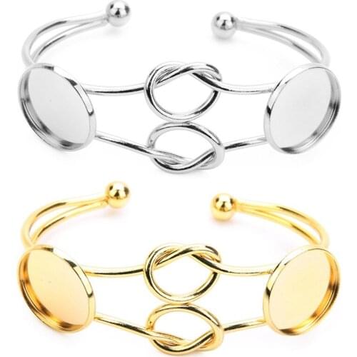 XINYAO 2pcs/lot Silver Gold Tone Bangles Bracelets Double Round Bow-knot Cabochon Came Settings Tray DIY Jewelry Making Handmade
