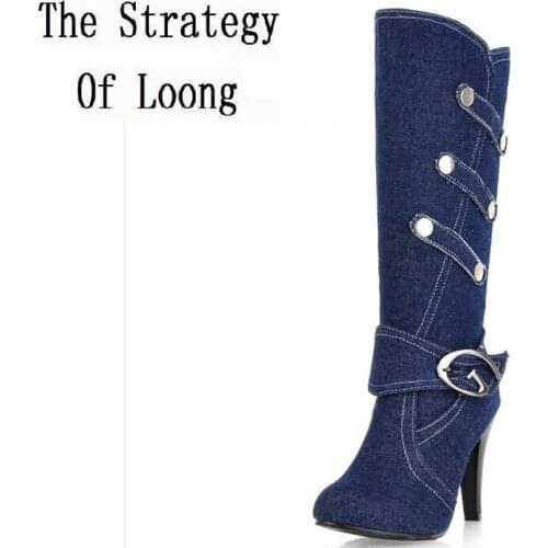 Spring Autumn Denim Women Thin High Heel Motorcycle Long Boots Lady Metal Buckle Rivet Jean Knee High Boots SXQ0604
