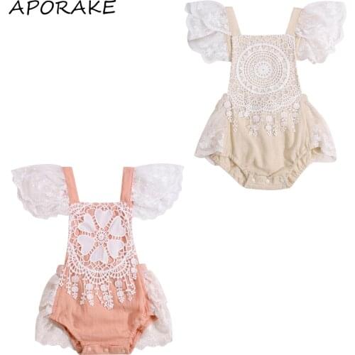 2021 0-24M Baby Girl Playsuit Sweet Summer Flower Lace Tassels Fly Sleeve Square Collar Blackless Romper Dress Jumpsuit Outfit