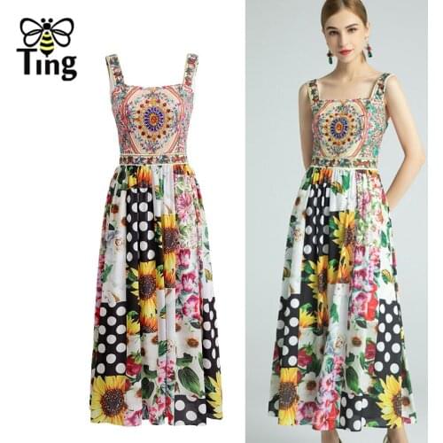 Tingfly 2021 Designer Vintage Sunflower Dot Print Summer A Line Long Dress Retro Floral Strap Dresses Vestidos Elbise Casual