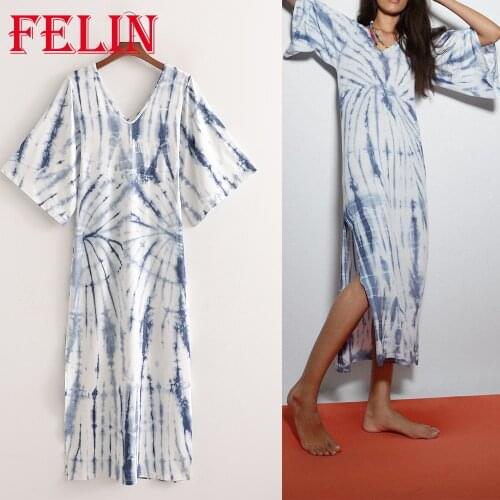 Women Chic Oversized Tie-dye Gradient Dress V-Neck Streetwear Za 2021 Batwing Sleeve Maxi Dress Y2K Elegant Vestidos