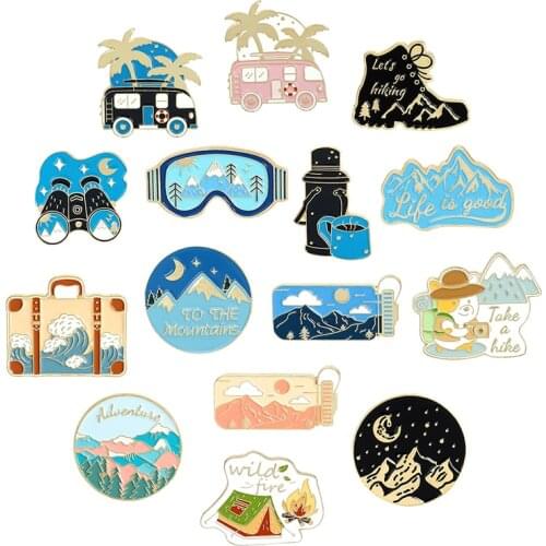 Outdoors Mountain Starry Night Brooches Adventure Wild Hiking Travel Enamel Pin Bag Lapel Pin Badge Metal Jewelry Gift Wholesale