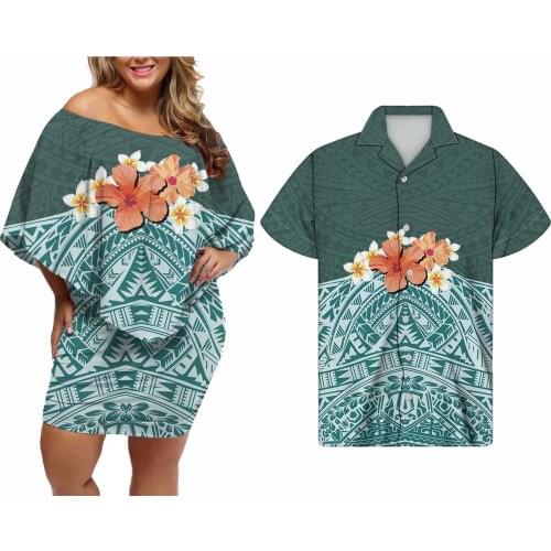 Hycool Polynesian Hibiscus Design Sleeveless Mid Gown Plus Size Wedding Party Dress Elegant Anniversary Ceremony Couple Clothing