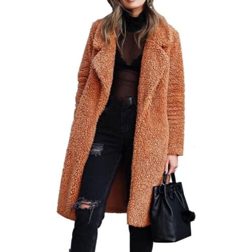 Ele-choices S-3XL Women Winter Thicken Plush Lapel Solid Color Long Sleeve Warm Cardigan Midi Coat for Daily&Work
