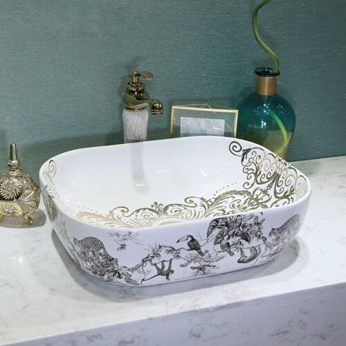 Bird Painting China Artistic Handmade Ceramic Bathroom Sinks Lavobo Round Countertop classical wash basins oval