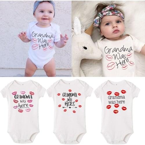 Newborn Baby Boy Girl Short Sleeve Letter Print Grandma Was Here Red Kiss Picture Romper Baby Jumpsuit Clothes Toddler Onesie