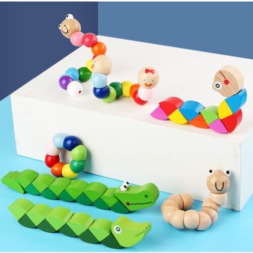 2020 Colorful Animal Wooden Twist Worm Puzzles Caterpillar Kids Educational Animal Crocodile Toys Baby Montessori Finger Toys