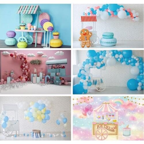 Laeacco Birthday Photocall Candy Cart Lollipop Donut Macaron Cake Balloons Baby Newborn Photography Backdrops Photo Backgrounds