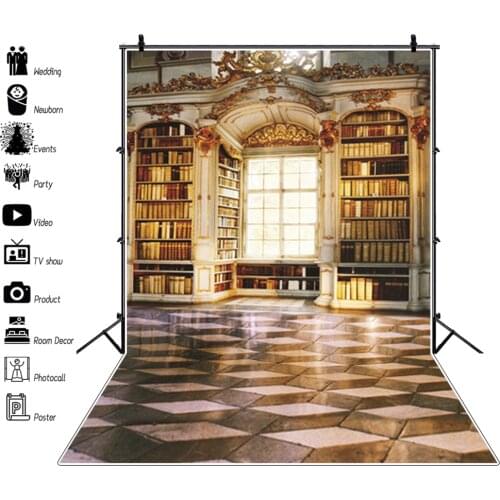 Laeacco Old Library Arch Bookshelf Checkered Floor Photography Backgrounds Retro Style Portrait Photo Backdrops Grunge Photozone