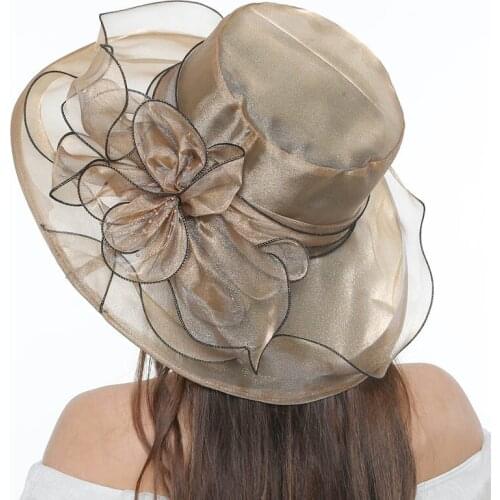 Summer Organza Wedding Hats For Women Kentucky Derby Hats Flower Sun Hat Big Wide Brim Fedora Beach Church Tea Party Caps