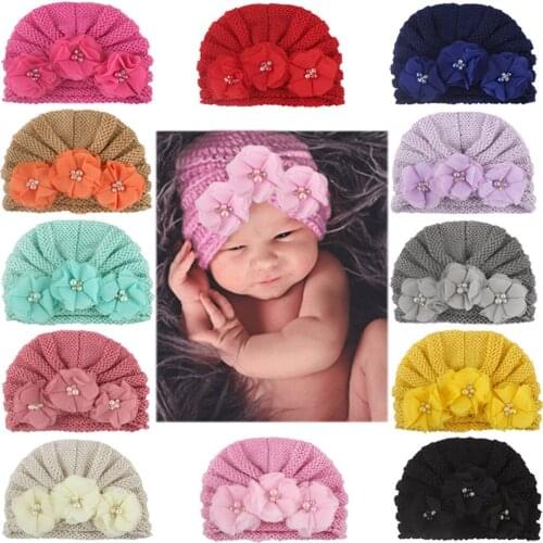 Autumn Winter Hat For Baby Newborn Boy Girl Knitted Bead Turban Hat Hair Band Beanie Headwear Cap Sets Three Flowers Four Beads
