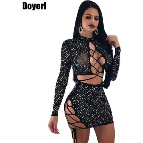 Autumn Sexy 2 Piece Dress Set Women Long Sleeve Hollow Out Lace Up Front Rhinestone Sheer Mesh Bodycon Club Dresses for Women
