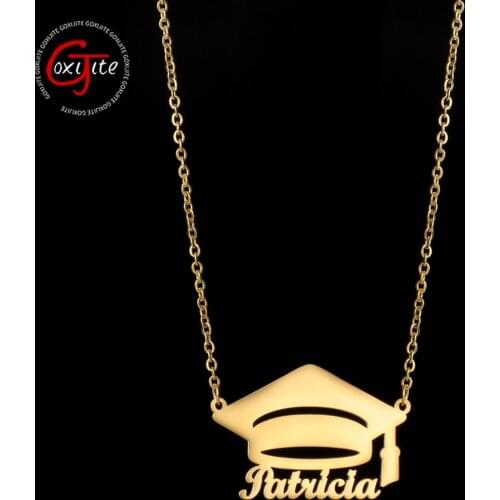 Goxijite Custom Name Necklace For Students Personalized Stainless Steel Bachelor Cap Nameplate Women Necklaces Graduation Gift