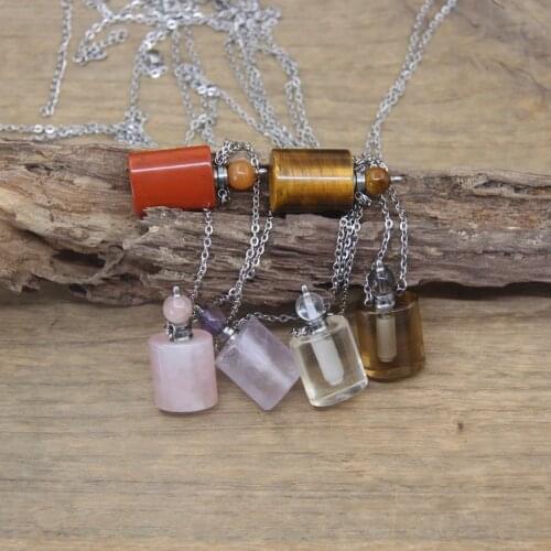 Natural Amethysts Perfume Bottle Pendants Silvery Necklaces Tiger eye Red Jaspers Quartz Essential Oil Vial Charm Jewelry QC1036