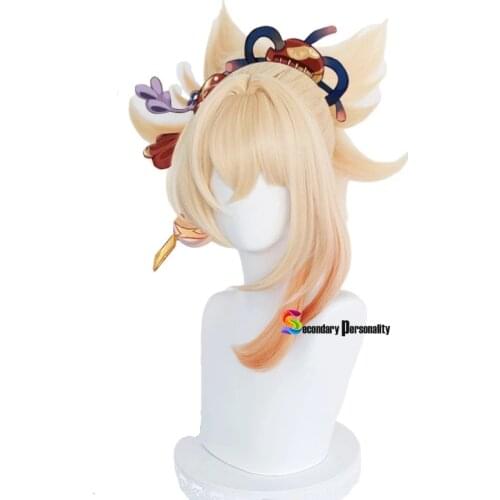 2021 New Yoimiya Cosplay Wig Game Genshin Impact Yoimiya Blond Orange Ponytail Fake Hair Halloween Party Role Play Wigs