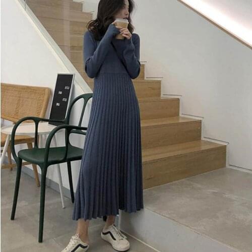 Sweater Women Pleated Dress Autumn Winter Long Dresses Women Long Sleeve Knitted Maxi Dress
