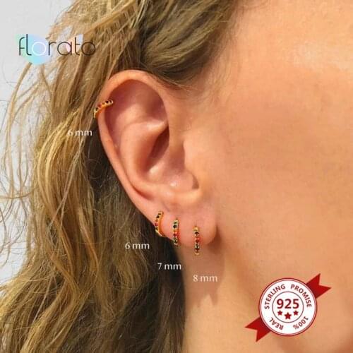 Rainbow Zircon Circle Hoop Earrings 925 Sterling Silver Ear Buckle Crystal Small Huggie Earrings For women Cartilage Pendientes