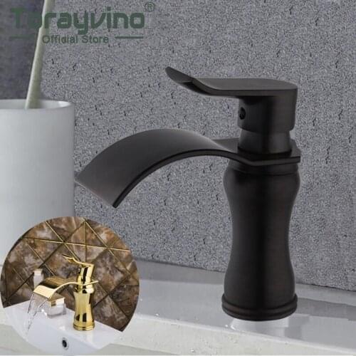 Bathroom Hot And Cold Faucet Mixer Brass Gold & ORB Black Faucets Badkraan Waterval Waterfall Spray Basin Tap Deck Mounted Taps