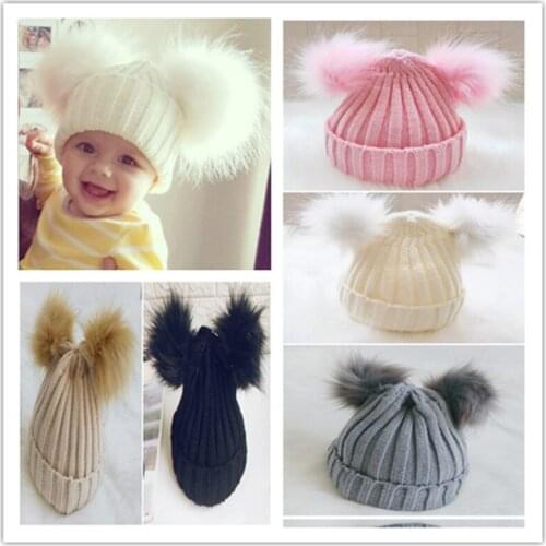 Brand New Newborn Baby Knit Hat Kids Girls Boys Winter Warm Furry Balls Beanie Cap Baby Stuff Accessories Toddler Cute Cap Gifts