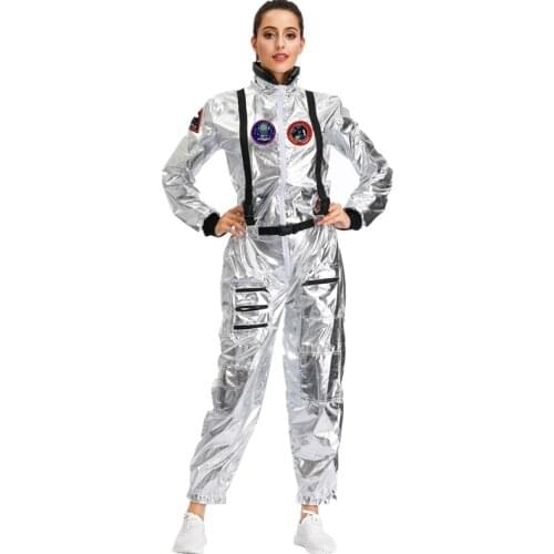 Adult Women Silver Alien Astronaut Spaceman Cosplay Jumpsuit Halloween Party Space Astronaut Pilot Costume