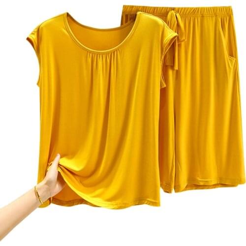 Modal Round Neck T-shirt Set Womens Summer Loose Plus Size Slimming Sleeveless Pajamas Set Black Casual Home Two-piece Suit