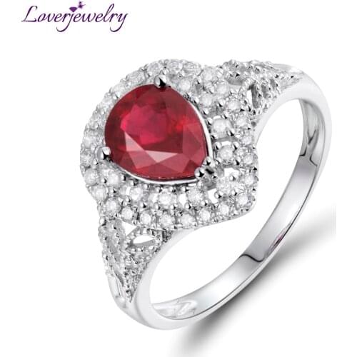 LOVERJEWELRY Women Ruby Rings Pear Shape Red Ruby Wedding Rings Solid 14Kt White Gold Diamond Ring Fine Jewelry For Engagement