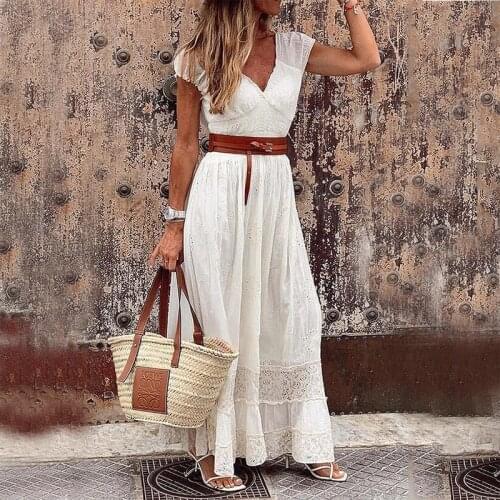 Summer Dress Women Vintage V Neck Belt Ladies Long Party Dress Female Solid Hollow Out Lace Loose Bohemian Maxi Dresses
