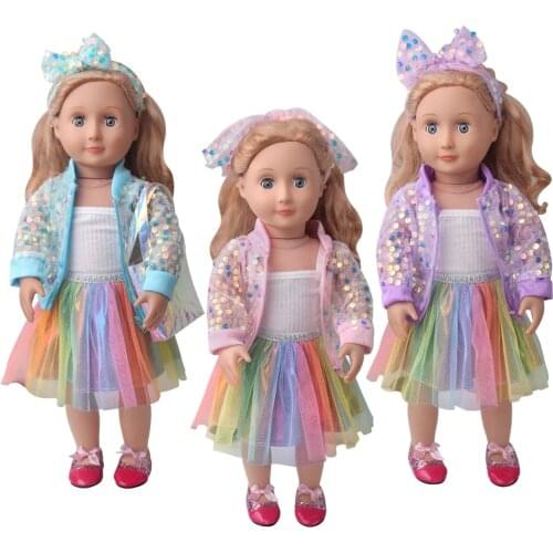 18 Inch Girls Doll Dress Fall Sequins Suit Laser Bag Sparkling American Skirt Newborn Childrens Toys Fit 43 CM Baby Dolls c948