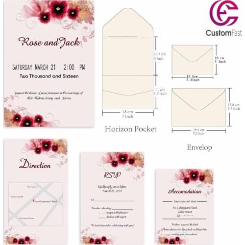 30pcs/lot personalized pocket card set red flower pocket envelop+matching envelop+card+RSVP free shipping PKEE007V103