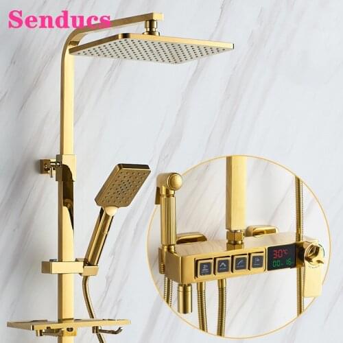 Gold Bathroom Shower Set Senducs 12 Inch Rainfall Shower Head Quality Brass Bathtub Faucet Thermostatic Digital Shower Set