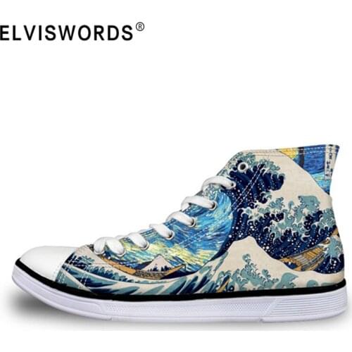 ELVISWORDS Fashion Vulcanize Shoes Men Cool 3D Hand Paint Art Printing Flat Shoes Breathable Comfortable Lace-Up Canvas Shoes