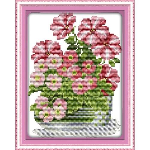 Potted flower cross stitch kit pink flowers pattern 14ct 11ct printed cloth DIY hand embroidery set craft handmade needlework