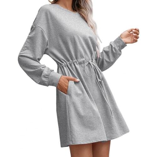 O-Neck Solid Color Mini Dress Long Sleeve Drawstring Belt Pockets Casual dress women elegant Streetwear Women Clothing 2021