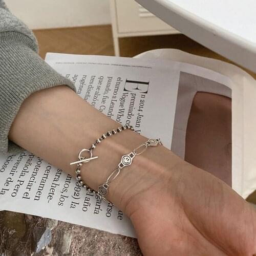 PANGJERY 925 Sterling Silver Smiley Face OT Buckle Rings Bracelet for Women Couples INS Fashion Party Jewelry Gifts