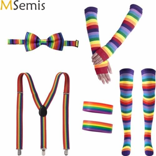 Rainbow Stockings Striped Tie Suspenders Thigh High Socks Adult Kids Unicorns Headband Arm Warmer Gloves Halloween Costume Gifts