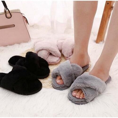 Winter Women House Slippers Faux Fur Fashion Warm Shoes Woman Slip On Flats Female Slides Black Pink Cozy Home Furry Slippers