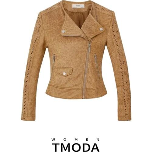 TMODA265 2021 Women Autumn Winter Suede Faux Leather Jackets Lady Fashion Hollow Out Motorcycle Coat Biker Brown Lace Outerwear