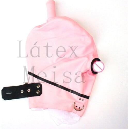 Hair tube design pink Fetish latex hoods bdsm open mouth & nostrils with back zip decorations