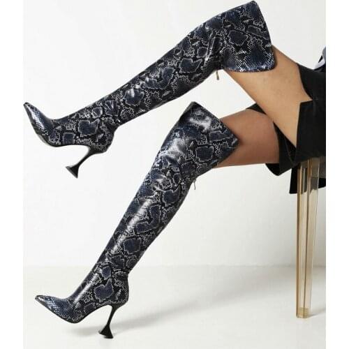 Snake Print PU Thigh High-tube Women Boots Pointed Toe 10CM High Root Over the Knee Boots with Back Zipper Women Winter Boots