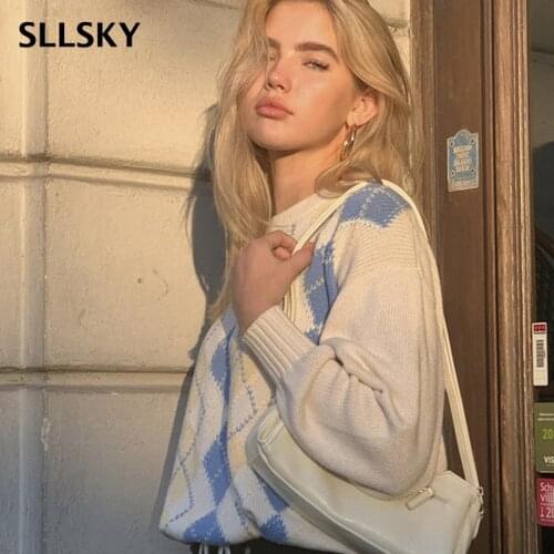SLLSKY White Casual Argyle Plaid Sweater Women O-Neck Long Sleeve Knitted Jumper Ladies Spring Antumn Pullovers Knitwear Tops