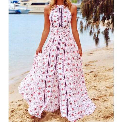 Summer Dress Women 2020 Sexy Sleeveless Backless Floral Print Bohemia Maxi Dress Casual High Waist Split Beach Long Party Dress
