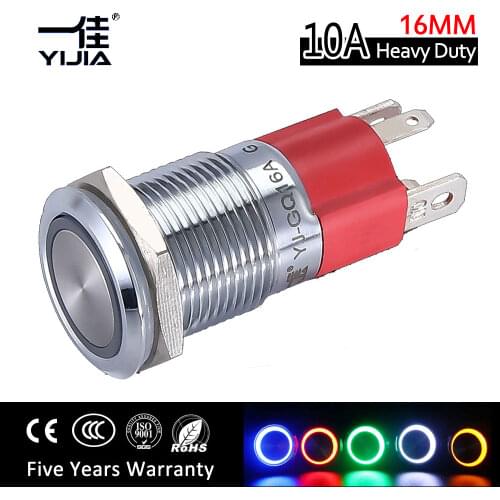 16mm 10A Current Ring LED illuminated Push Button Switch Momentary Latching Waterproof metal power switches