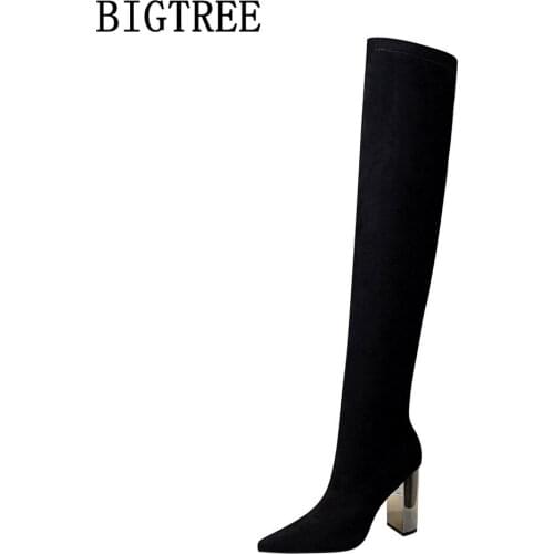 Bigtree Over The Knee Boots Shoes For Women 2021 Black High Heels Women Boots Women Heel Sock Boots Female Shoes Chaussure Femme