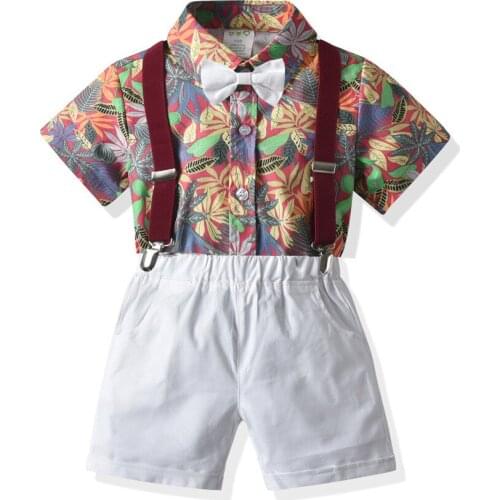 2021 Hot Summer Toddler Clothes Boys 12 3 4 5 6 Y Set Children Short Sleeve Shirt Suspender Bow Tie Shorts Kids Casual Suits