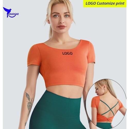 Custom LOGO Backless Padded Running Gym Sports T-Shirt Women Fitness Yoga Short Sleeve Shirts Quick Dry Elastic Workout Crop Top