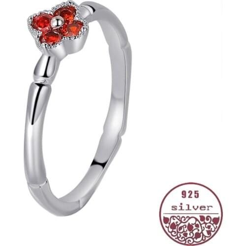 Silver 925 ring rhodium-plated red garnet bamboo knot couples joints on the four-leaf clover folk ring custom diamond ring