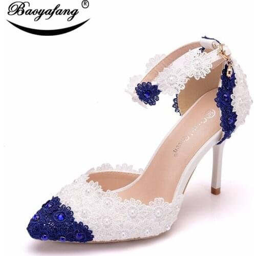 Summer Blue and White Porcelain White and Blue Paired Lace Banquet Stage Sandals with Fine Heels and Big Wharf Dance Sandals