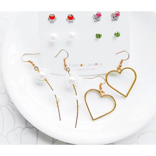 Hot Sale Handmade Pearl Flower Long Drop Earrings for Women Trend Crystal Pearl Geometric Stud Earrings 2021 Fashion Jewelry Set