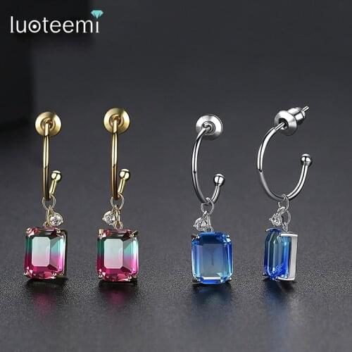LUOTEEMI Square Blue or Multicolor AAA Cubic Zirconia Dangle Drop Earrings for Girls Dating Party Double Color Fashion Jewelry